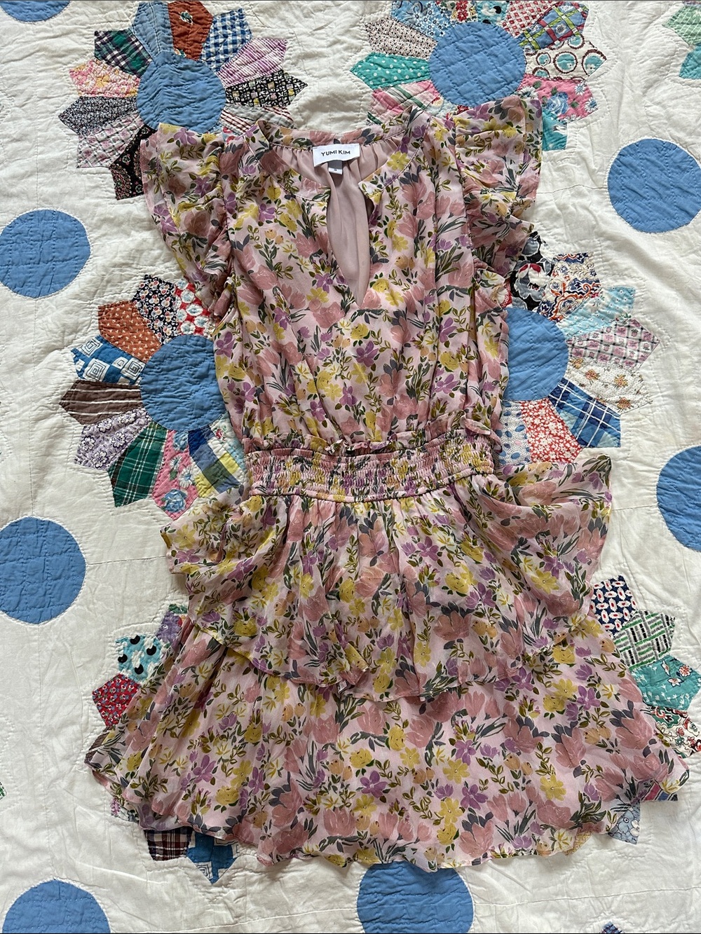 Yumi Kim Pink Floral Ruffle Tiered Mini Dress Sz S
